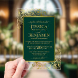 Elegant Emerald Green & Gold Stylish Text Wedding Acrylic Invitations<br><div class="desc">Invite your loved ones to share in your joy on your wedding day with these gorgeous acrylic invitations. The stylish emerald green and gold design features your names prominently displayed in gold letters while the introduction and other notes feature fancy script calligraphy with swashes on the ends of the letters....</div>