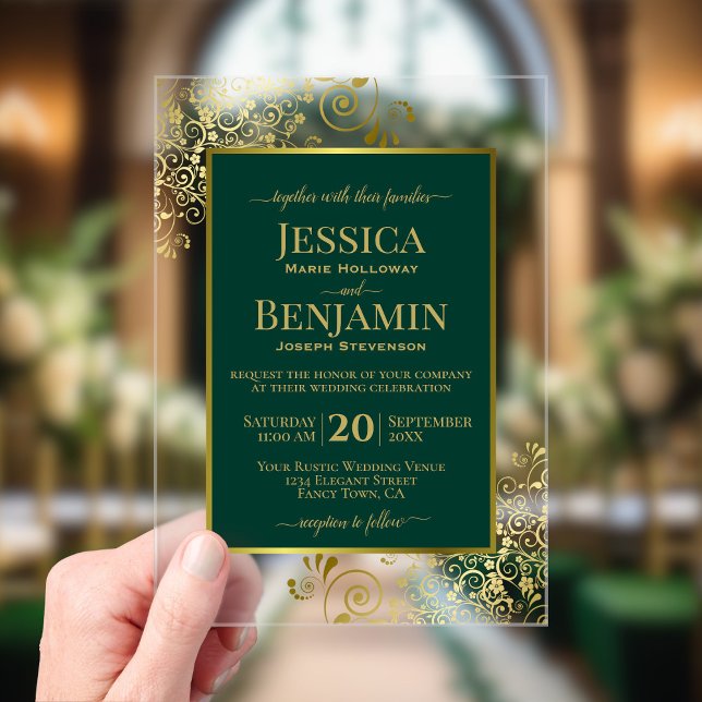 Elegant Emerald Green & Gold Stylish Text Wedding Acrylic Invitations (Clear Acrylic with Rectangle Cut)