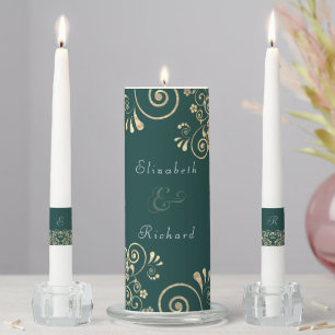 Elegant Emerald Green Gold Swirl Script Unity Candle Set