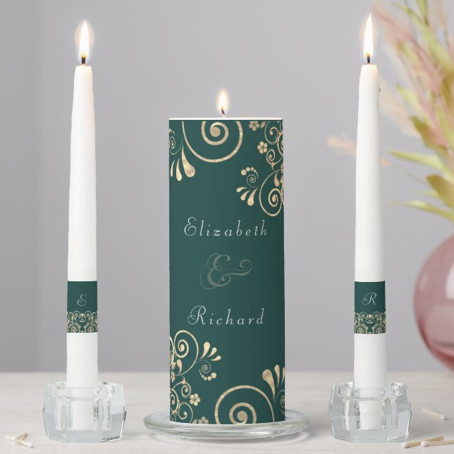 Elegant Emerald Green Gold Swirl Script Unity Candle Set (In Situ)