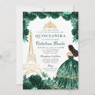 Elegant Emerald Green Gold Tiara Paris Quinceañera Invitation