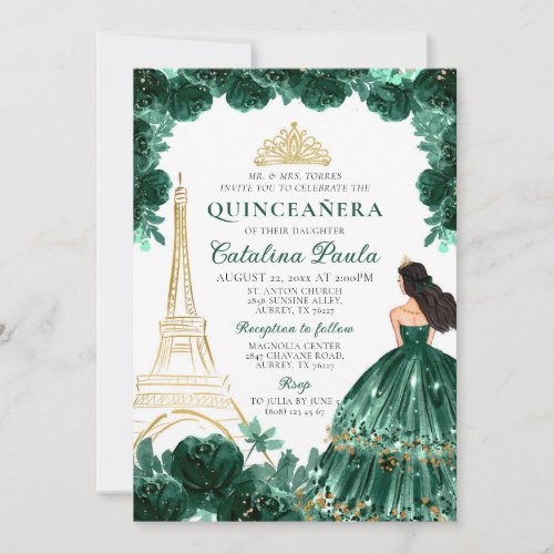 Elegant Emerald Green Gold Tiara Paris Quinceaera Invitation