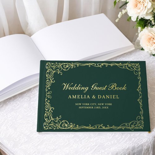 Elegant Emerald Green & Gold Vintage Floral Foil Guest Book