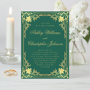 Elegant Emerald Green Gold Vintage Ornate Wedding Invitation