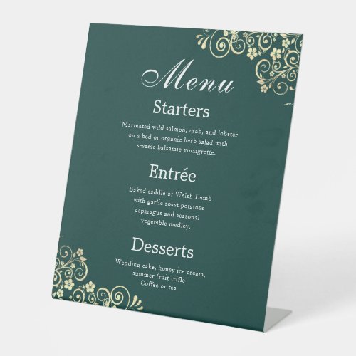 Elegant Emerald Green Gold  Wedding Dinner Menu   Pedestal Sign