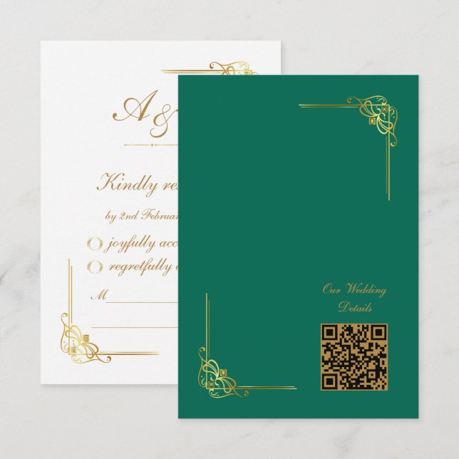 Elegant Emerald Green Gold Wedding Event QR Code RSVP Card (Front/Back)
