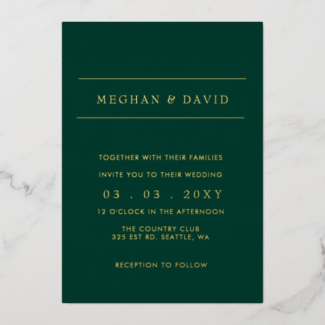 Elegant Emerald Green Gold Wedding  Foil Invitatio Foil Invitation (Front)