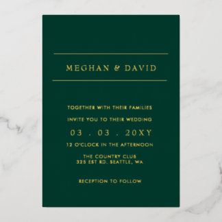 Elegant Emerald Green Gold Wedding  Foil Invitatio Invitation