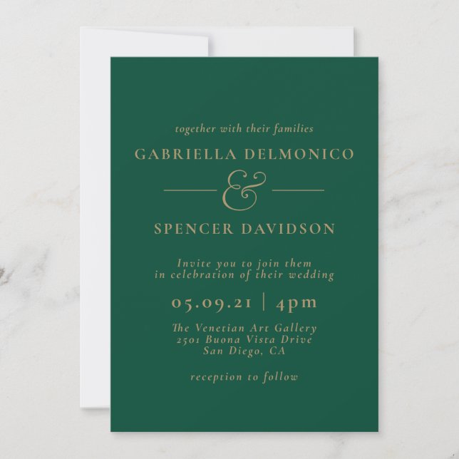 Elegant Emerald Green Gold Wedding Invitation (Front)
