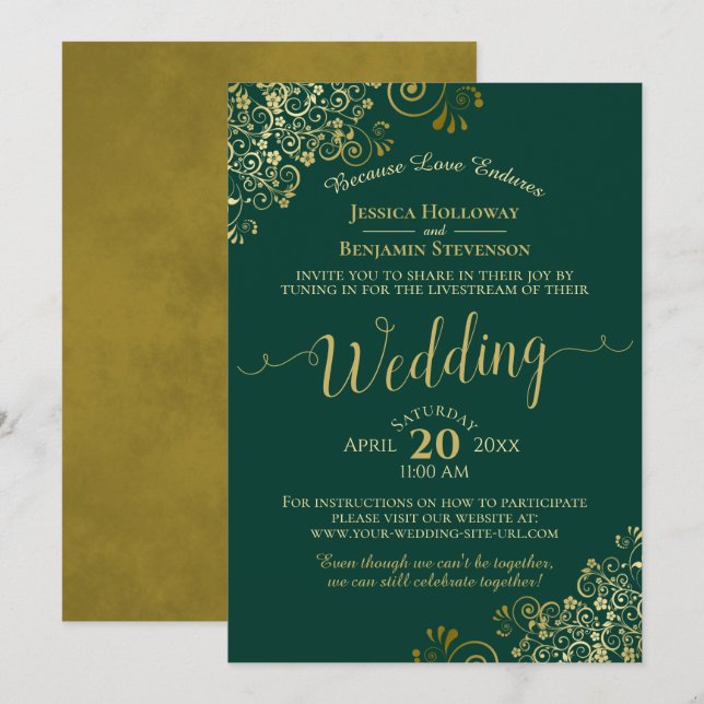 Elegant Emerald Green & Gold Wedding Livestream Invitation (Front/Back)