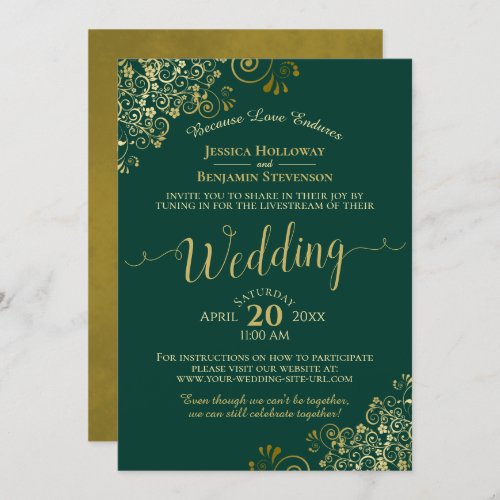 Elegant Emerald Green  Gold Wedding Livestream Invitation