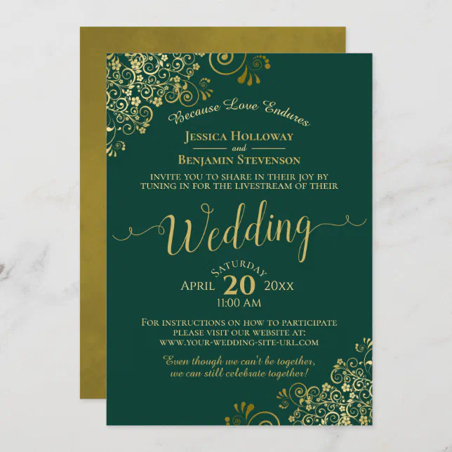 Elegant Emerald Green & Gold Wedding Livestream Invitation | Zazzle