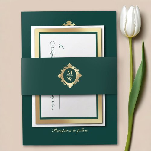 Elegant Emerald Green Gold Wedding Monogram Invitation Belly Band