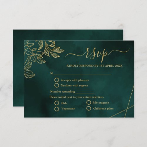 elegant emerald green gold wedding RSVP card