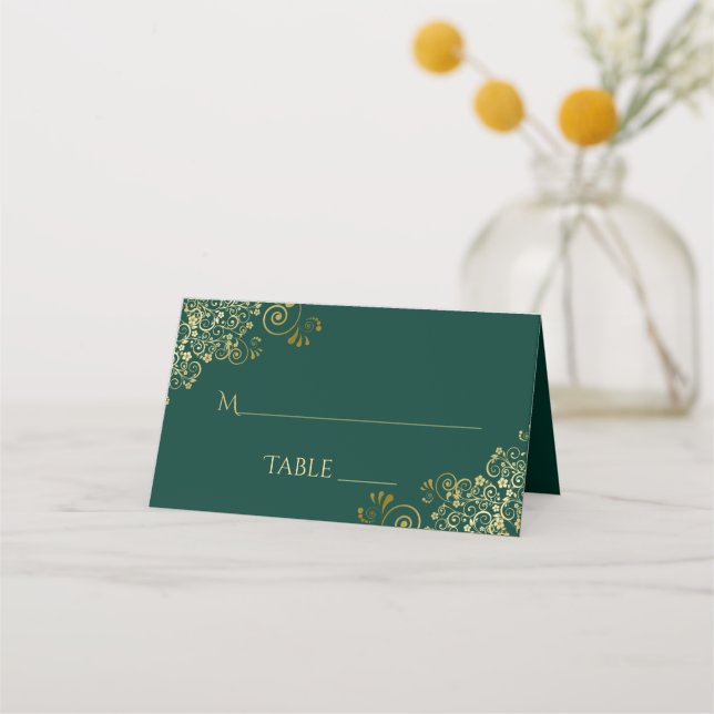 Elegant Emerald Green & Gold Wedding Write-In Place Card (Back)