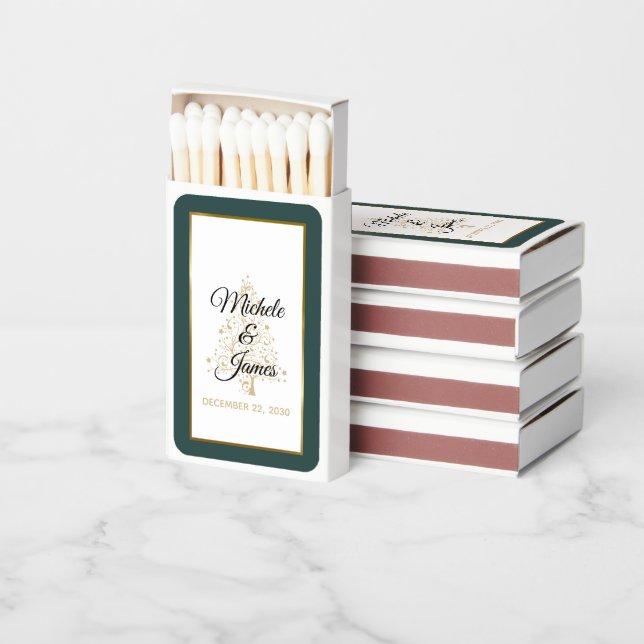Elegant Emerald Green Gold Winter Holiday Wedding Matchboxes (Stacked)