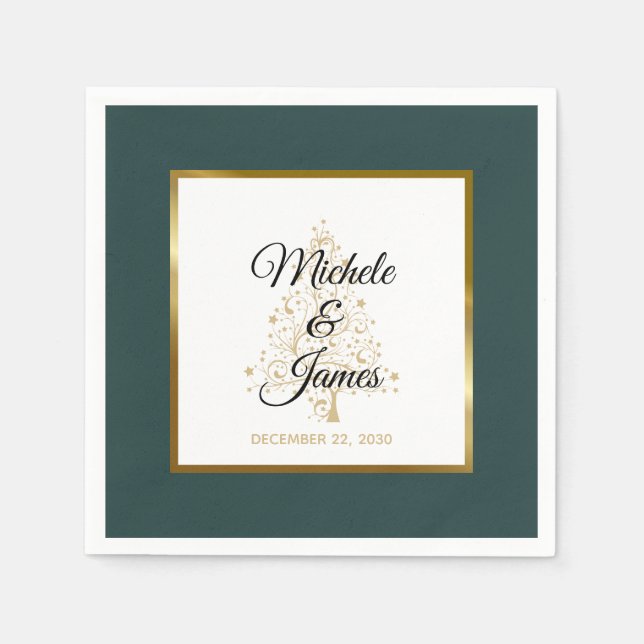 Elegant Emerald Green Gold Winter Holiday Wedding Napkins (Front)