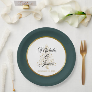 Elegant Emerald Green Gold Winter Holiday Wedding Paper Plates