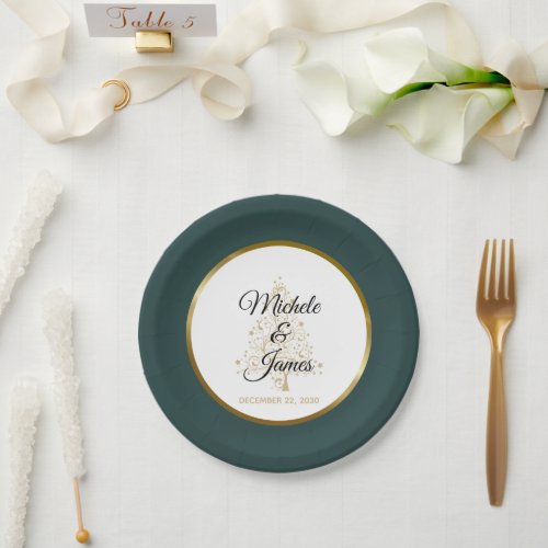 Elegant Emerald Green Gold Winter Holiday Wedding Paper Plates