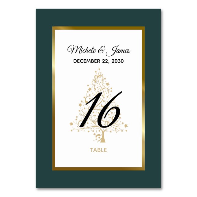 Elegant Emerald Green Gold Winter Holiday Wedding Table Number (Front)