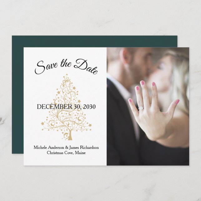 Elegant Emerald Green Gold Winter Wedding Photo Save The Date (Front/Back)