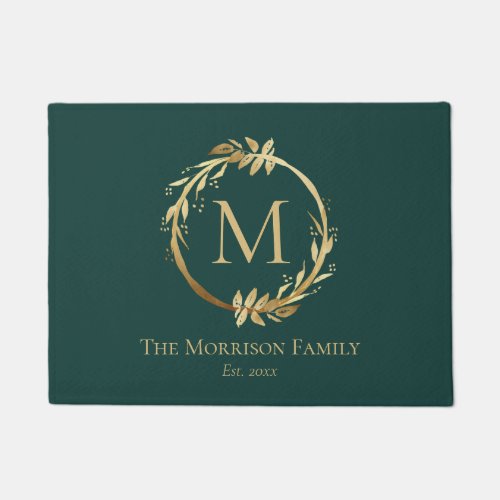 Elegant Emerald Green Gold Wreath Family Monogram Doormat