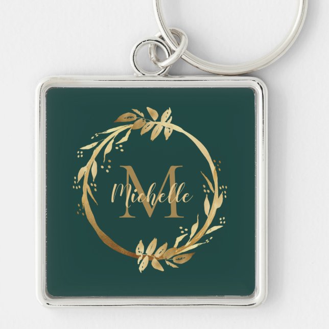 Elegant Emerald Green Gold Wreath Name Monogram Keychain (Front)