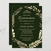 Elegant Emerald Green Gold Wreath Quinceanera Invitation (Front/Back)