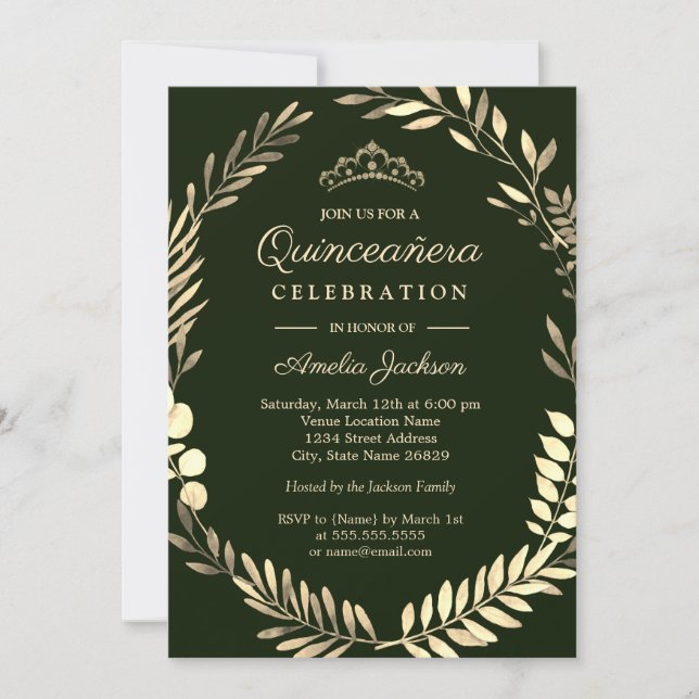 Elegant Emerald Green Gold Wreath Quinceanera Invitation (Front)