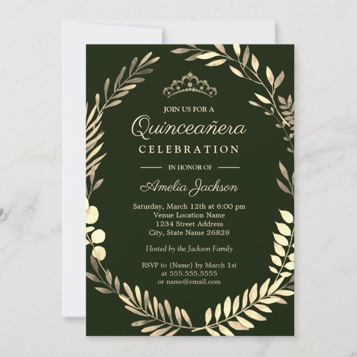 Elegant Emerald Green Gold Wreath Quinceanera Invitation