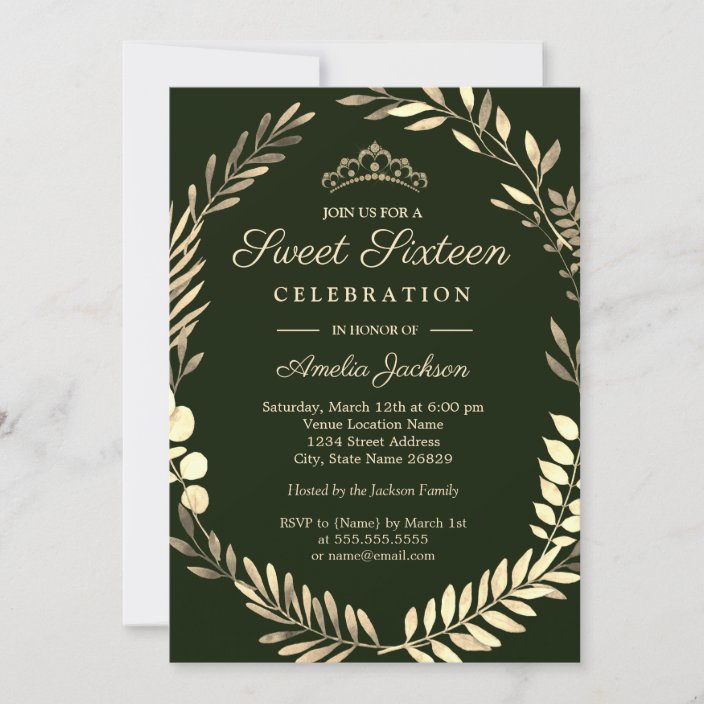 Elegant Emerald Green Gold Wreath Sweet Sixteen Invitation