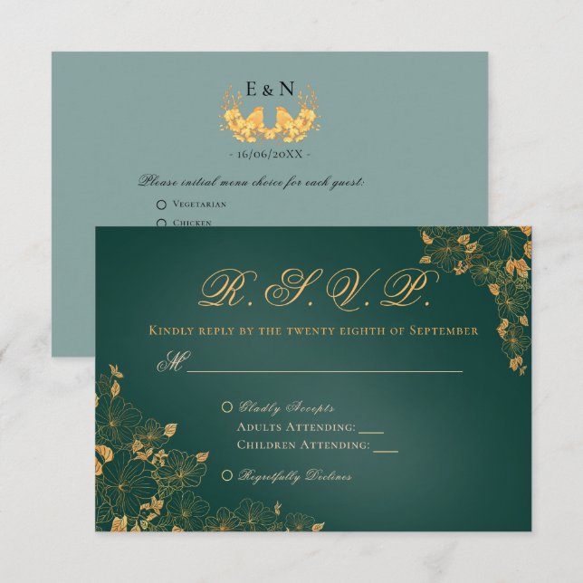 Elegant Emerald Green Golden Foliage Birds Initial RSVP Card (Front/Back)