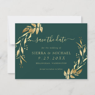 Elegant Emerald Green Golden Foliage Save the Date Invitation