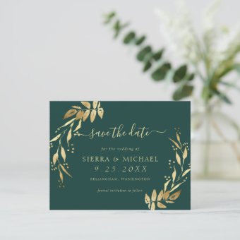 Elegant Emerald Green Golden Foliage Save the Date Invitation | Zazzle