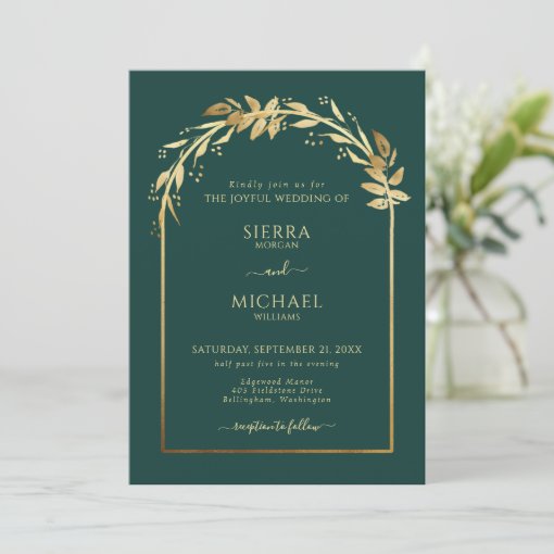 Elegant Emerald Green Golden Foliage Wedding Arch Invitation | Zazzle