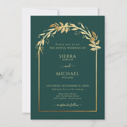 Elegant Emerald Green Golden Foliage Wedding Arch Invitation 