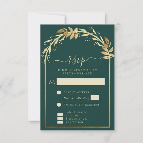 Elegant Emerald Green Golden Foliage Wedding Arch  RSVP Card