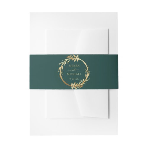 Elegant Emerald Green Golden Foliage Wedding Invitation Belly Band