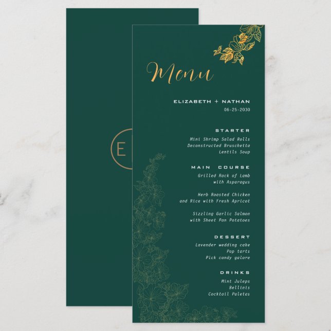 Elegant Emerald Green Golden Foliage Wedding Menu (Front/Back)