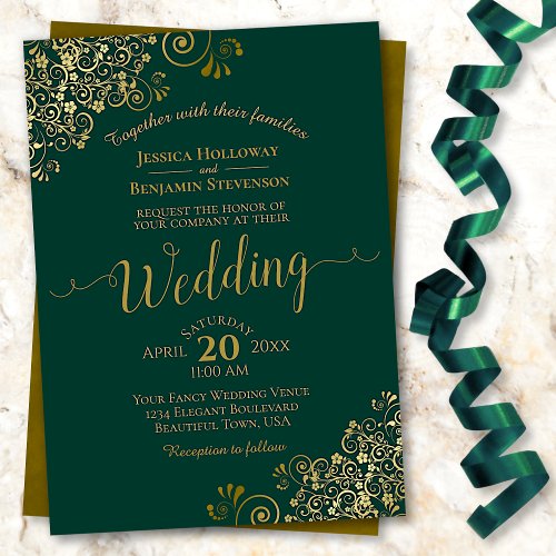 Elegant Emerald Green Golden Frills Wedding Invitation