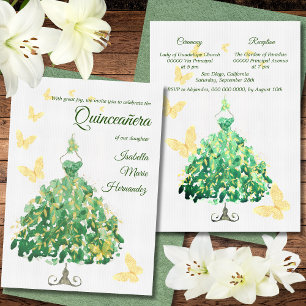 Elegant Emerald Green & Golden Quinceañera Invitation