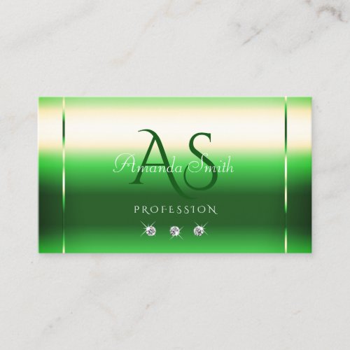 Elegant Emerald Green Gradient Initials Diamonds Business Card