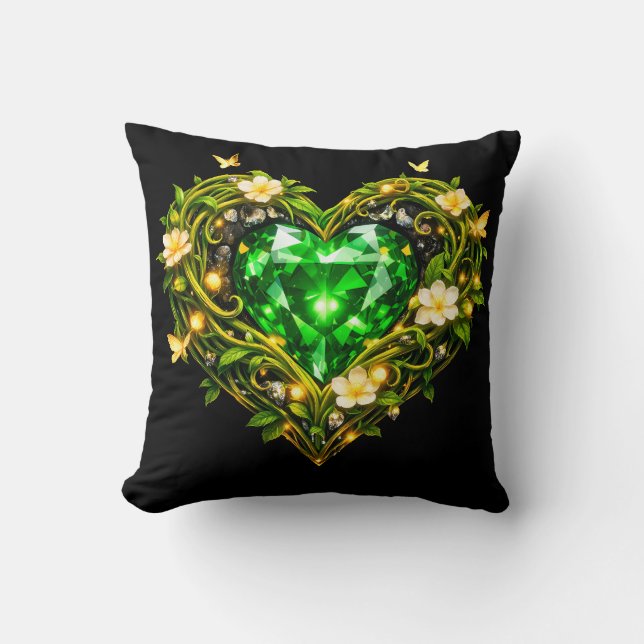Elegant Emerald Green Heart Floral Throw Pillow (Front)
