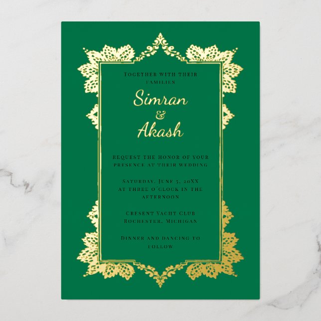 Elegant emerald green indian wedding foil invitation (Front)