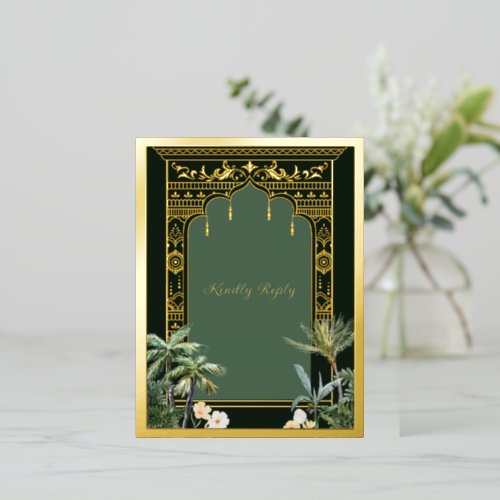 Elegant Emerald Green Indian Wedding RSVP Postcard