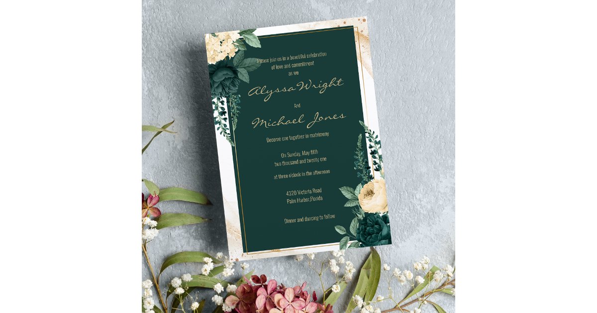 Elegant emerald green ivory gold floral Wedding Invitation | Zazzle