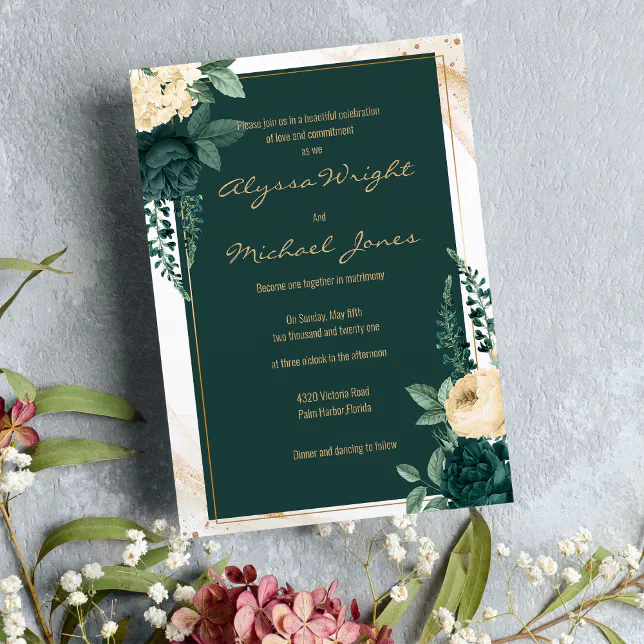 Elegant emerald green ivory gold floral Wedding Invitation | Zazzle