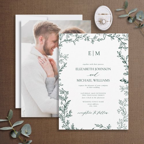 Elegant Emerald Green Leaf Photo Monogram Wedding Invitation