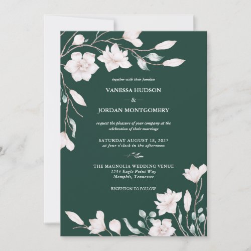 Elegant Emerald Green Magnolia Wedding Invitation