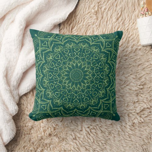 Elegant Emerald Green Mandala Boho Accent Throw Pillow